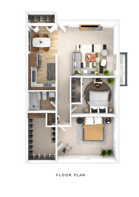 Floor plan for 2 beds, 1 bath, 876 sqft